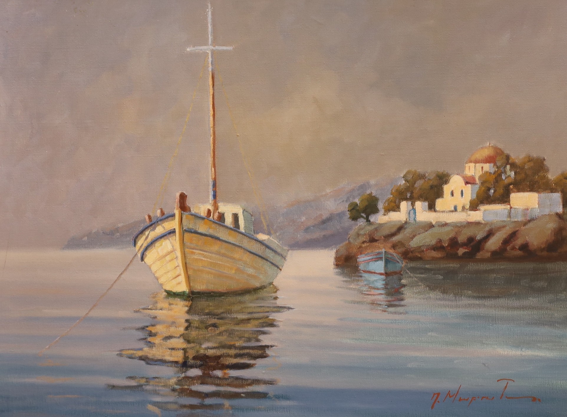Takis Moraitis (Contemporary Greek), oil on canvas, Moored boat and Othodox Church, signed, 60 x 80cm